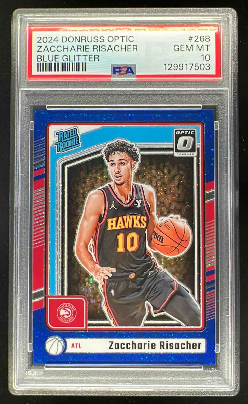 2024-25 Panini Donruss Optic Blue Glitter #268 Zaccharie Risacher RC /15 PSA 10