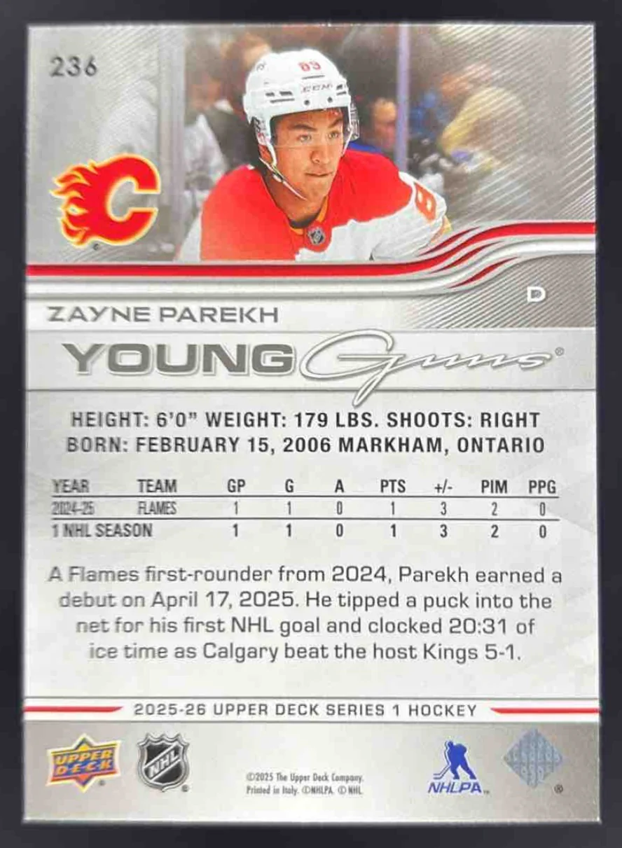 2025 Upper Deck Series 1 #236 Zayne Parekh Young Guns RC - Image 2