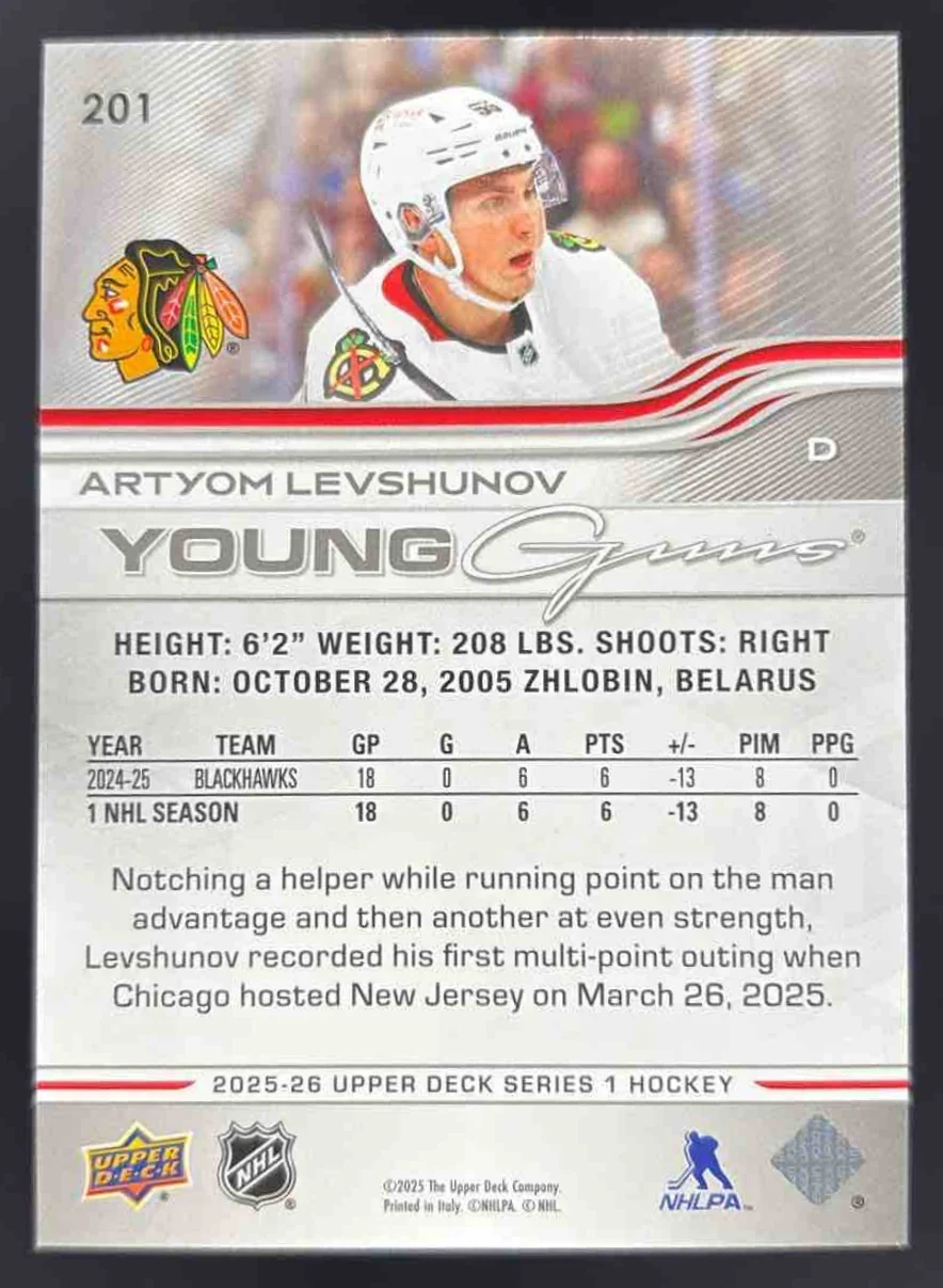 2025 Upper Deck Series 1 #201 Artyom Levshunov Young Guns RC - Image 2
