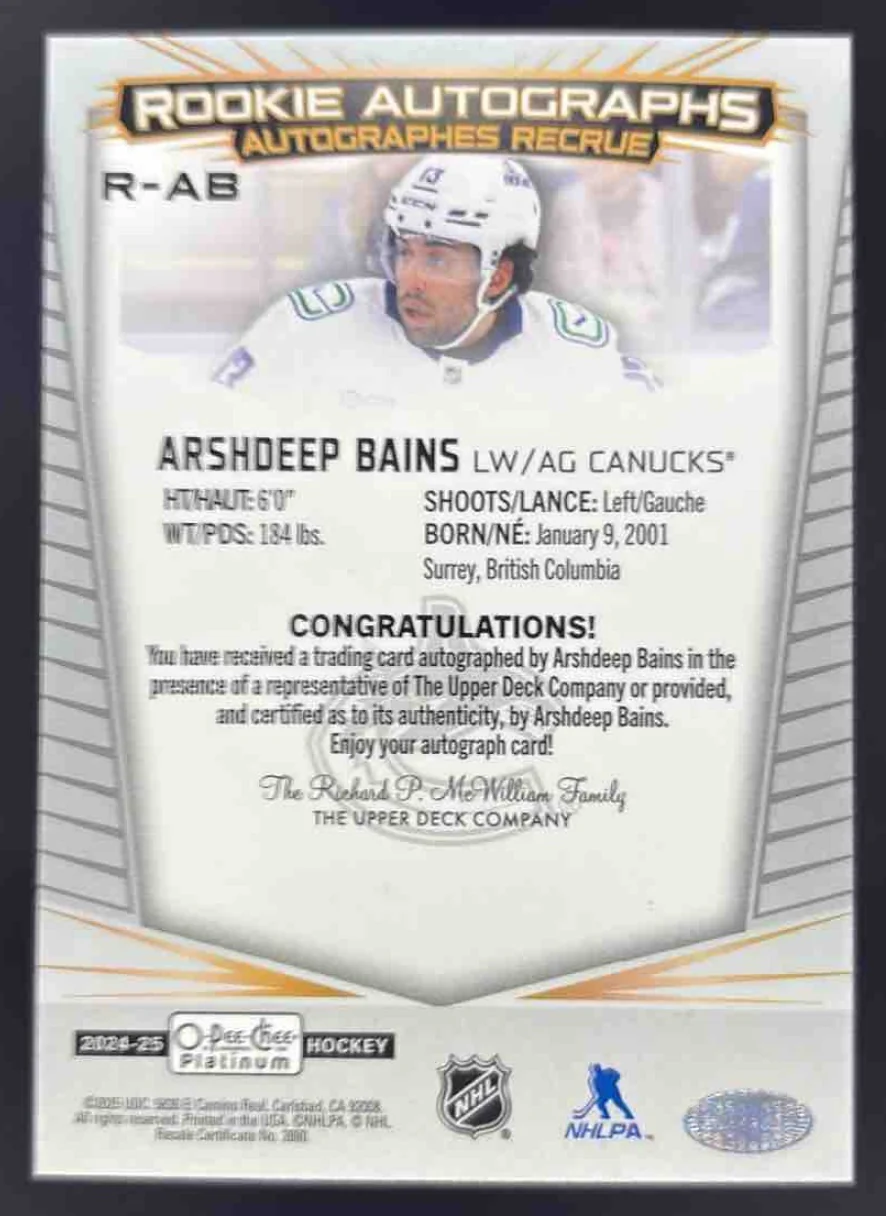 2024-25 O-Pee-Chee Platinum Rookie Auto #R-AB Arshdeep Bains Autograph RC Auto - Image 2