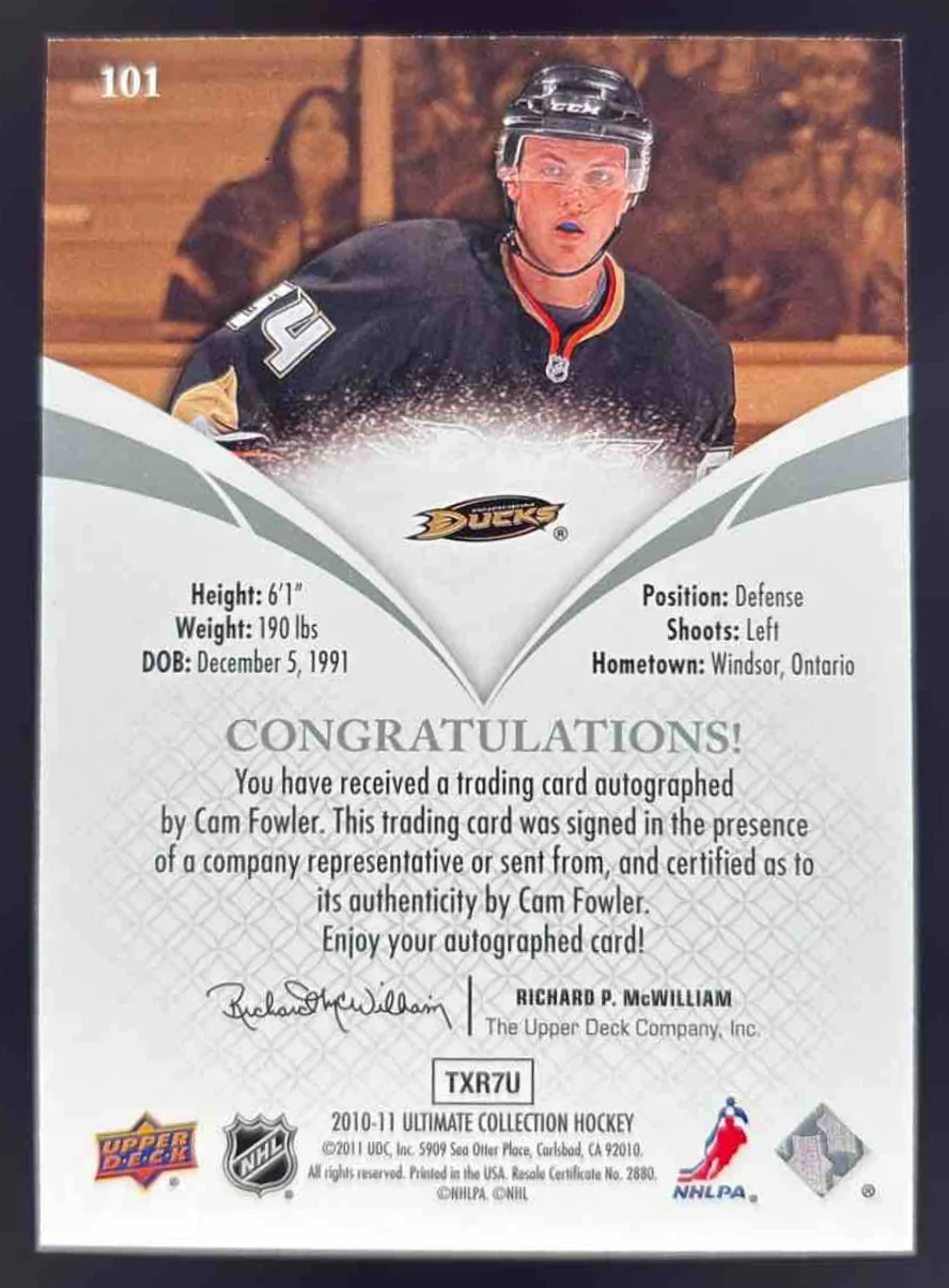 2010-11 Upper Deck Ultimate Collection #101 Cam Fowler Autograph RC Auto /299 - Image 2