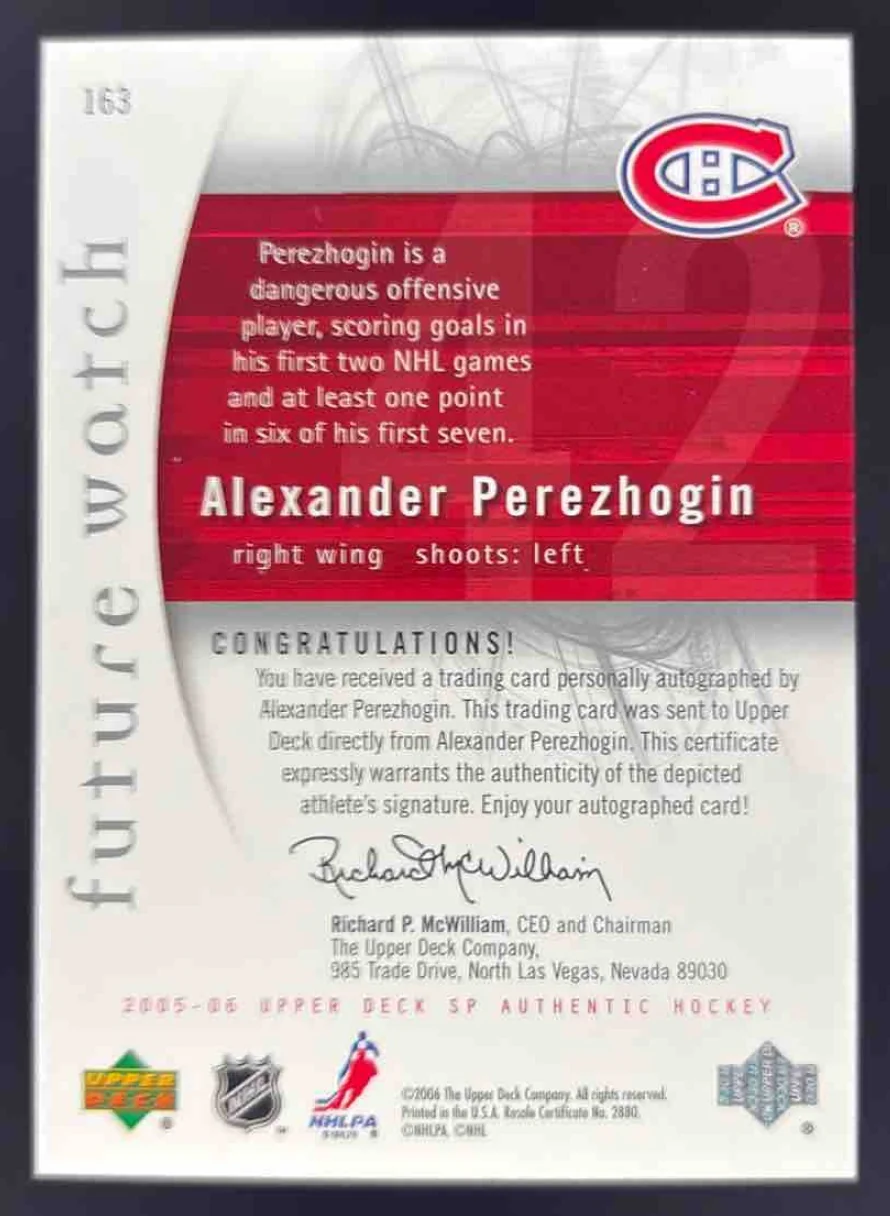 2005 SP Authentic #163 Alexander Perezhogin Autograph RC Future Watch Auto /999 - Image 2