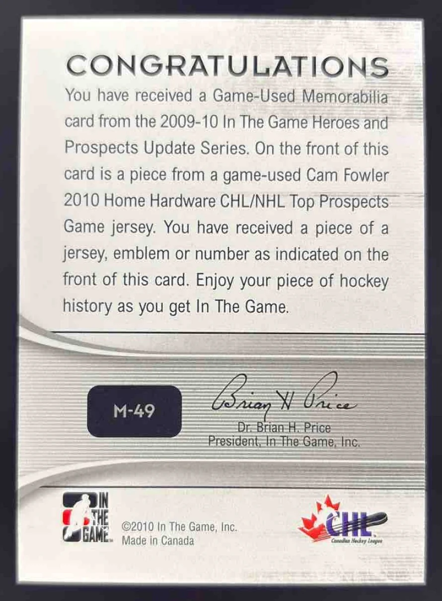 2010 In The Game Game Used Jersey Gold #M49 Cam Fowler - Image 2