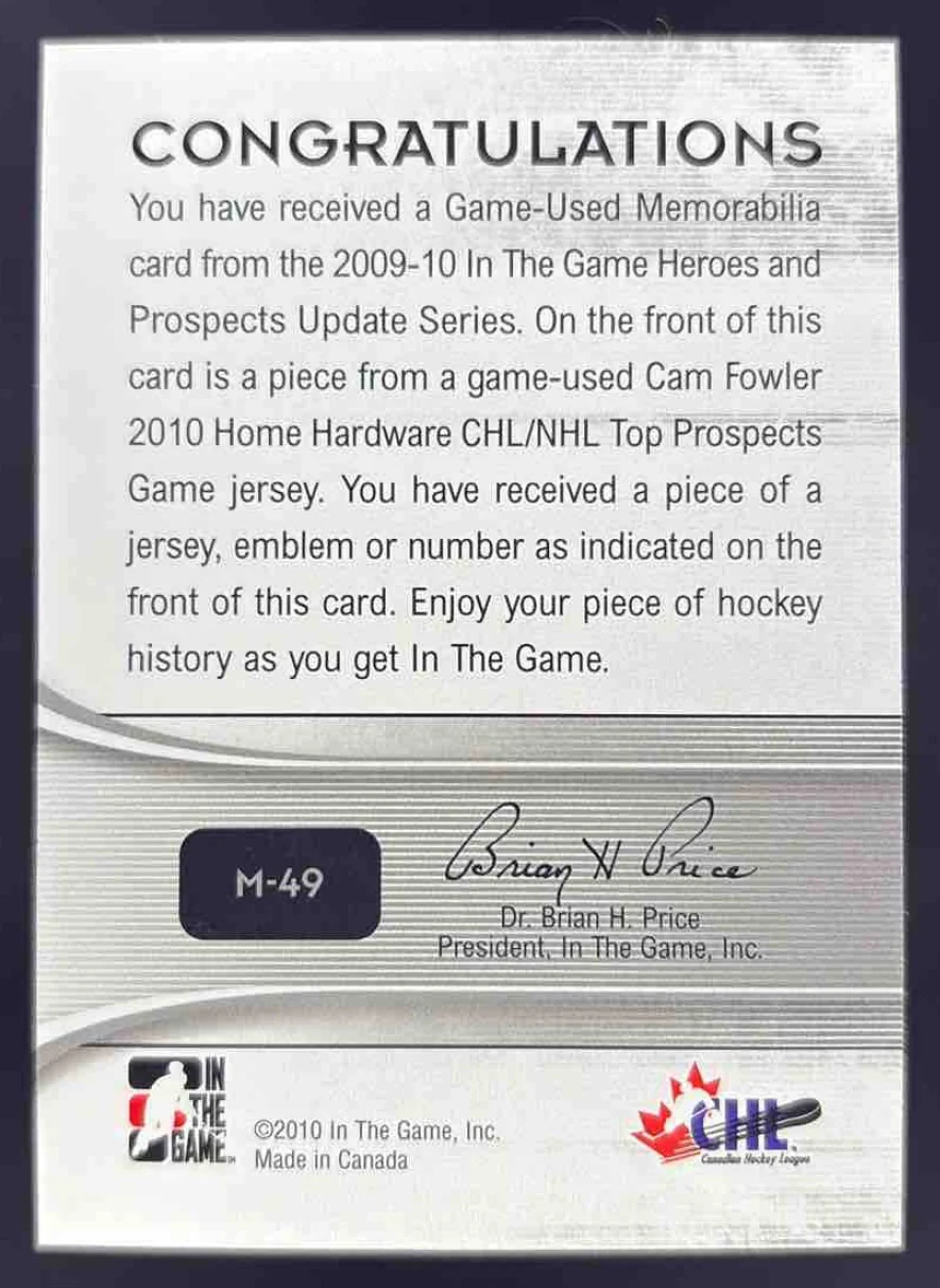 2010 In The Game Game Used Number Black #M49 Cam Fowler - Image 2