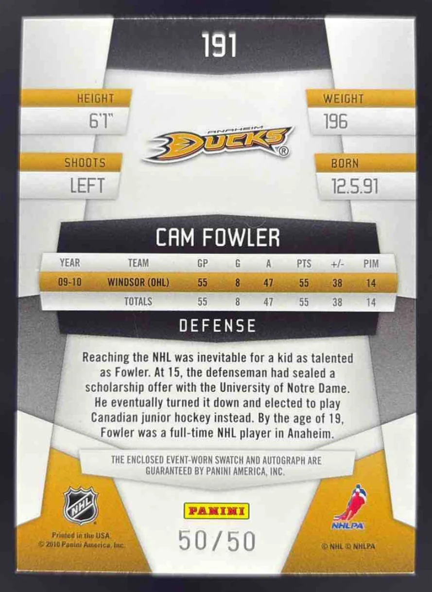 2010-11 Panini Certified Mirror Blue #191 Cam Fowler Autograph RC Auto /50 - Image 2