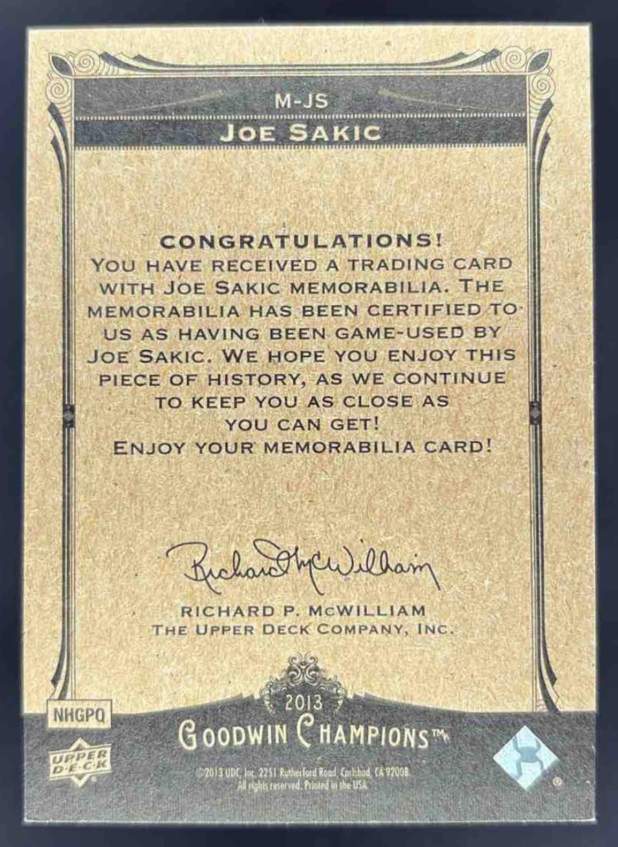 2013 Upper Deck Goodwin Champions Memorabilia #M-JS Joe Sakic - Image 2