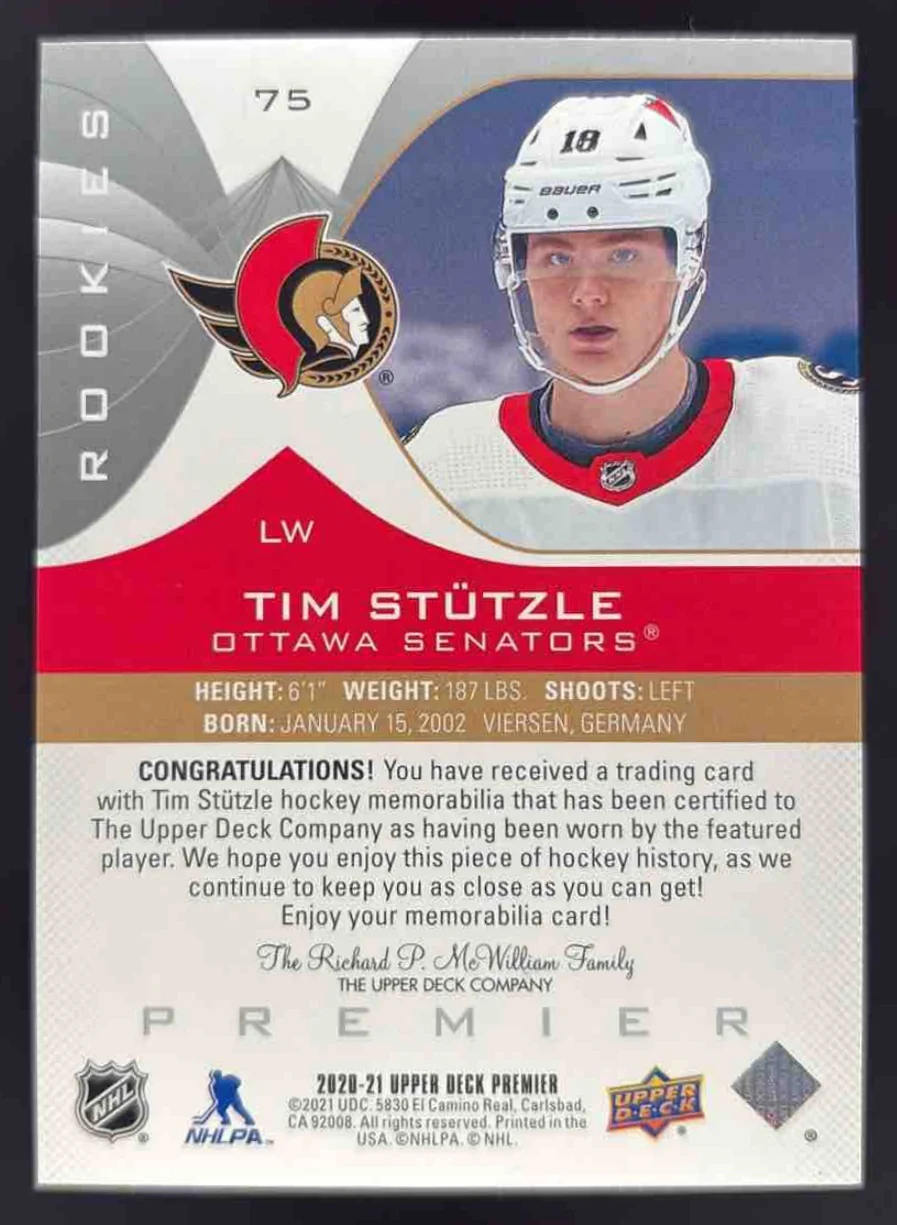 2020-21 Upper Deck Premier Jersey #75 Tim Stutzle RC - Image 2