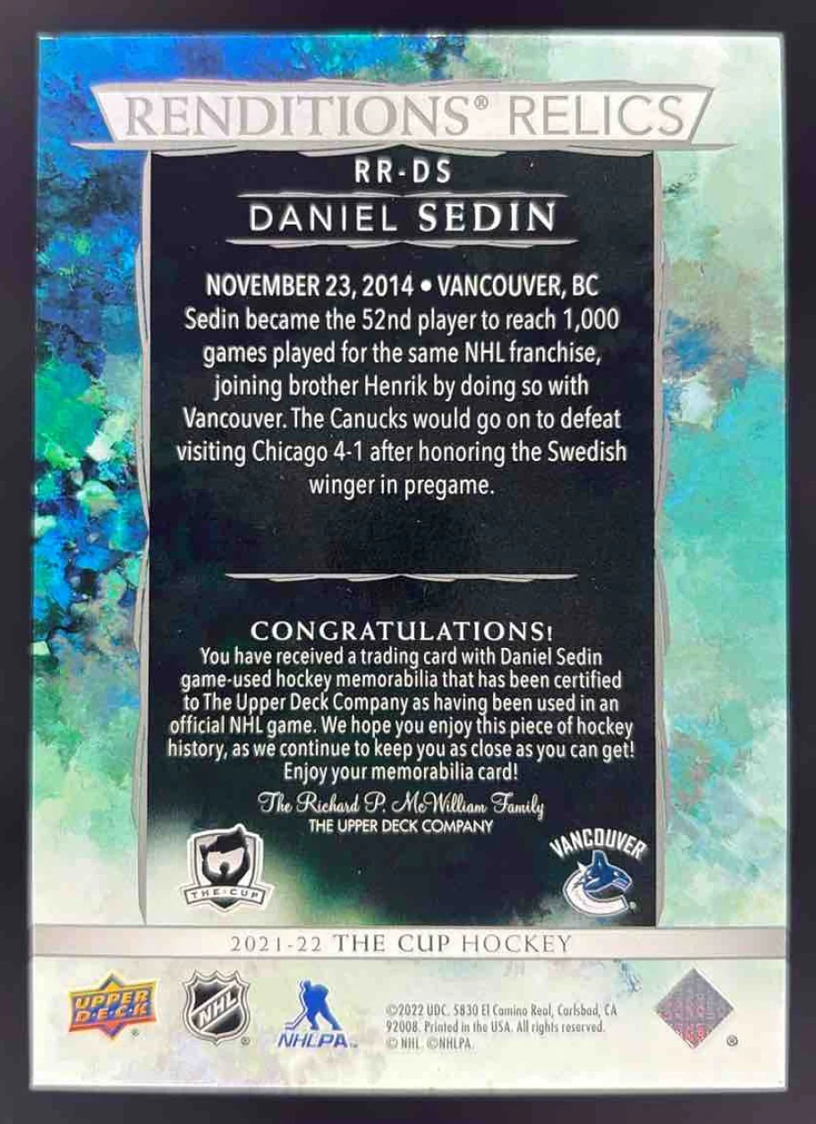 2021-22 Upper Deck The Cup Rendition Relics #RR-DS Daniel Sedin - Image 2