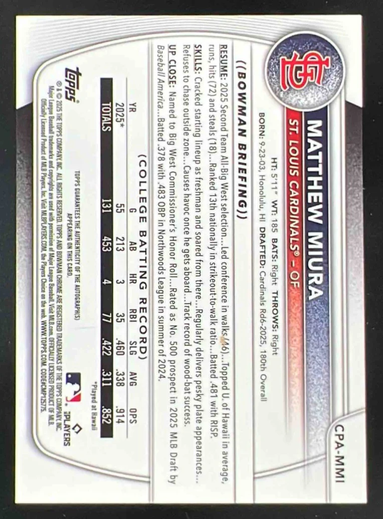 2025 Bowman Draft Chrome Purple Refractor #CPA-MMI Matthew Miura RC Auto /250 - Image 2