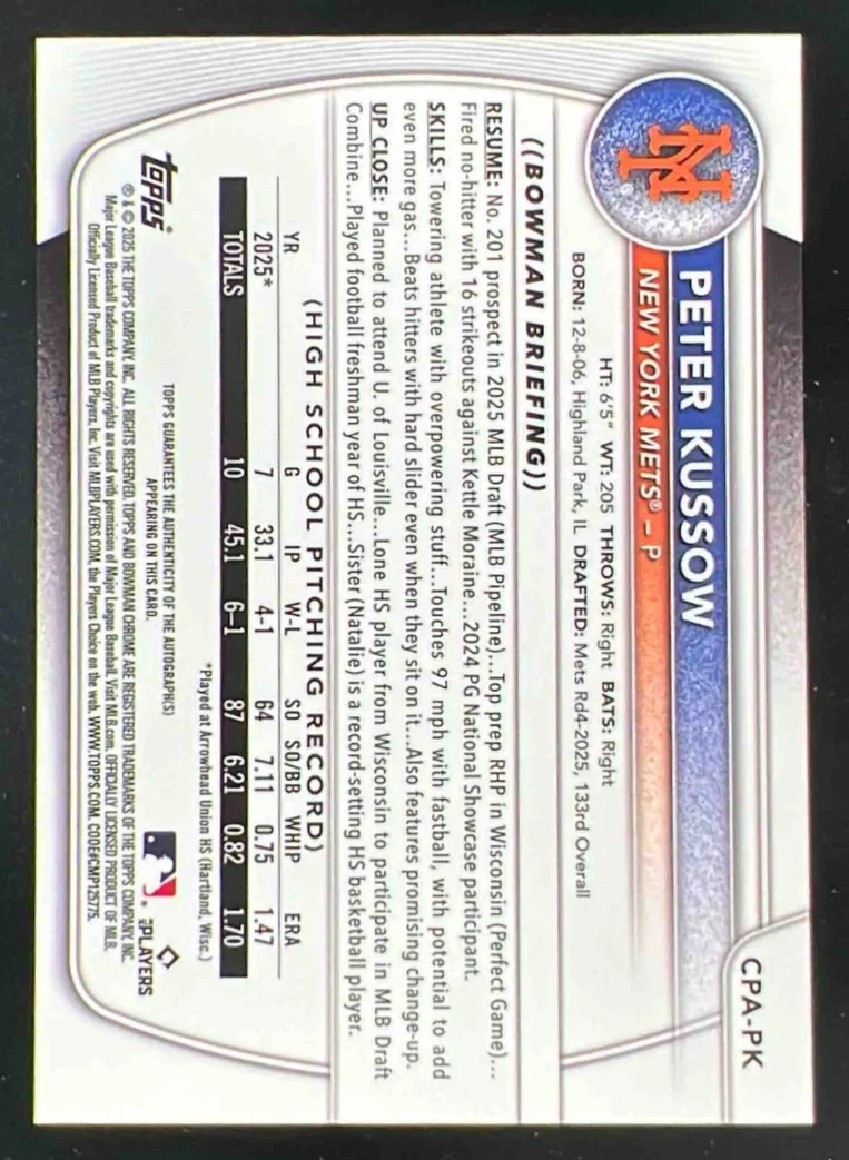 2025 Bowman Draft Chrome Autograph #CPA-PK Peter Kussow RC Auto - Image 2