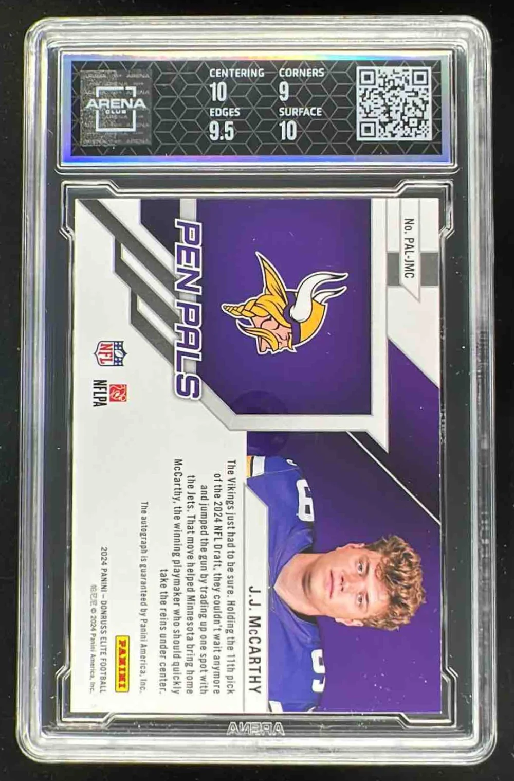 2024 Donruss Elite Pen Pals #PAL-JMC J.J. McCarthy RC Auto Arena Club 9.5 - Image 2