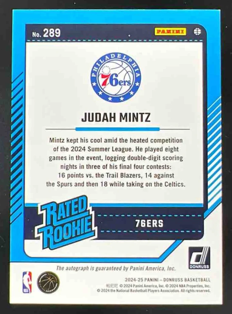 2024 Donruss Rookies Signatures Holo Gold Laser #289 Judah Mintz RC Auto /10 - Image 2