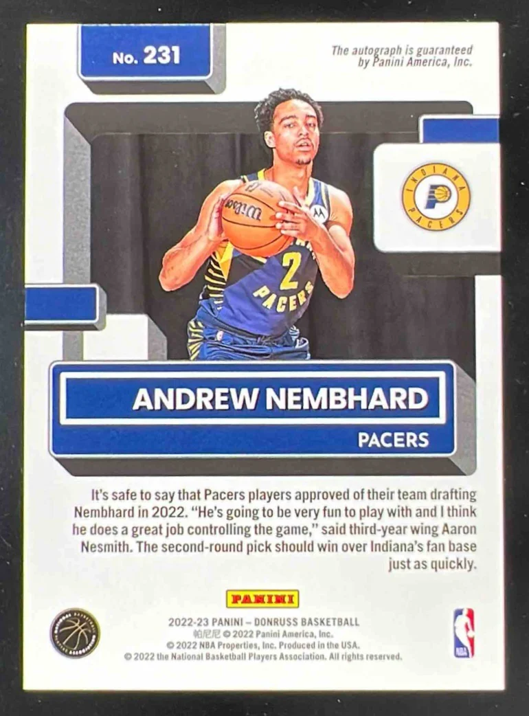 2022-23 Panini Donruss Rated Rookies Choice #231 Andrew Nembhard RC Auto - Image 2
