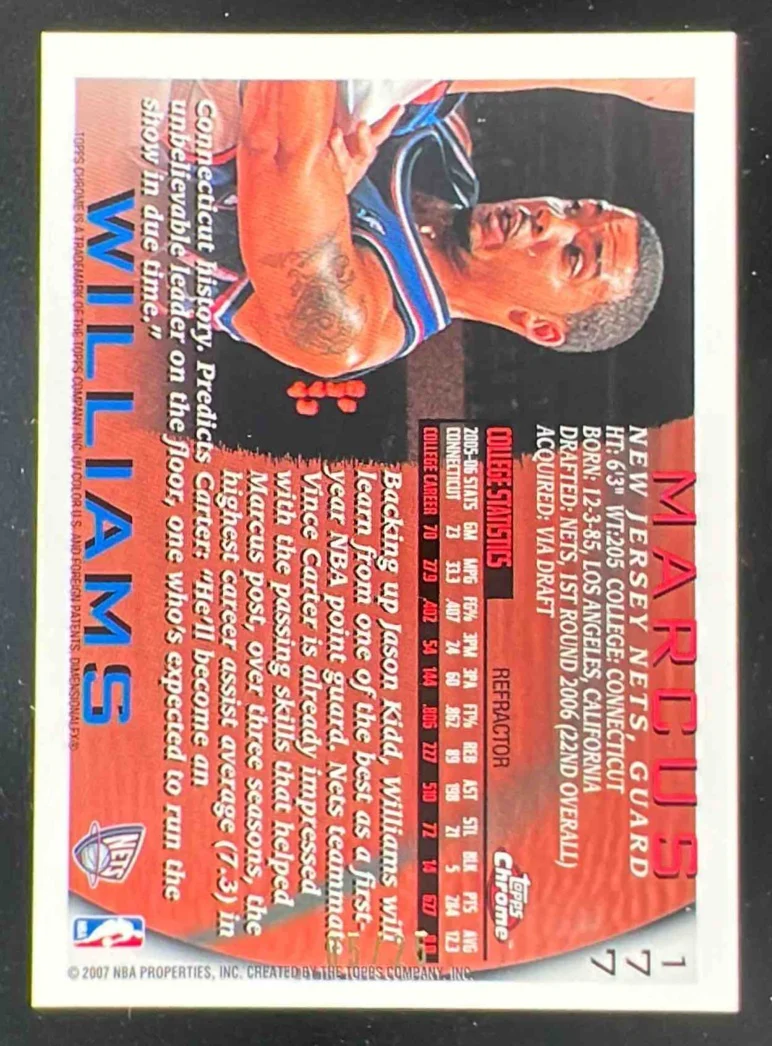 2006 Topps Chrome 1996 97 Variations Refractor Gold #177 Marcus Williams RC /25 - Image 2