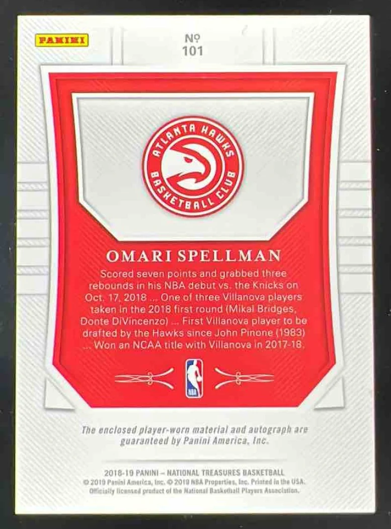 2018 National Treasures Rookie Patch Limited Edition Omari Spellman RC Auto /20 - Image 2