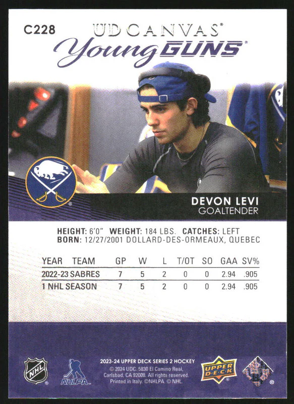 2023-24 Upper Deck UD Canvas #C228 Devon Levi Young Guns RC Rookie - Image 2