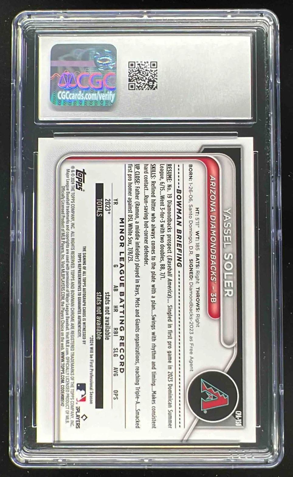 2024 Bowman Chrome Gold Shimmer #CPA-YSO Yassel Soler RC Auto /50 CGC 10 - Image 2
