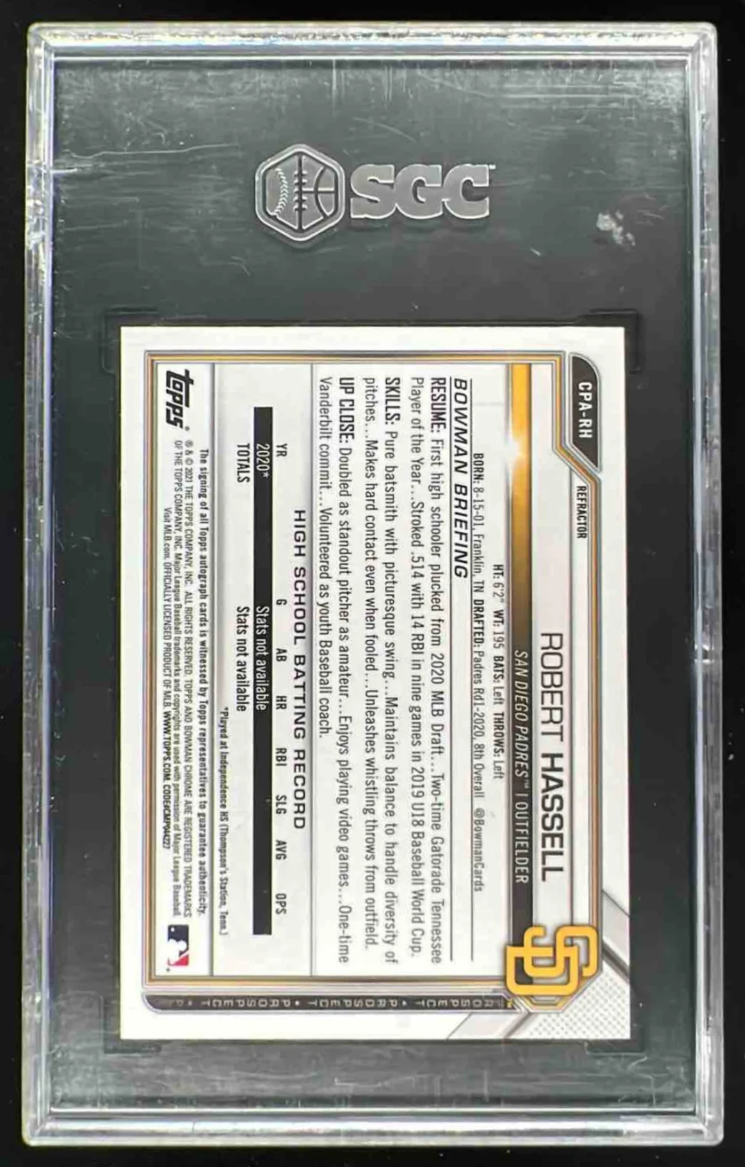 2021 Bowman Chrome Prospect Refractor #CPA-RH Robert Hassell Auto /499 SGC 9 - Image 2