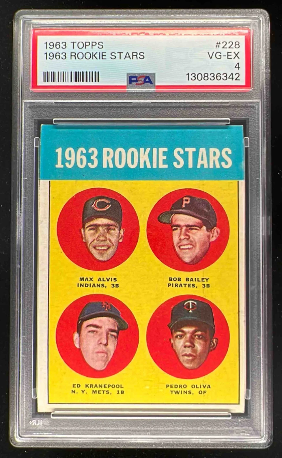 1963 Topps #228 Rookie Stars Max Alvis Bob Bailey Ed Kranepool Pedro Oliva PSA 4