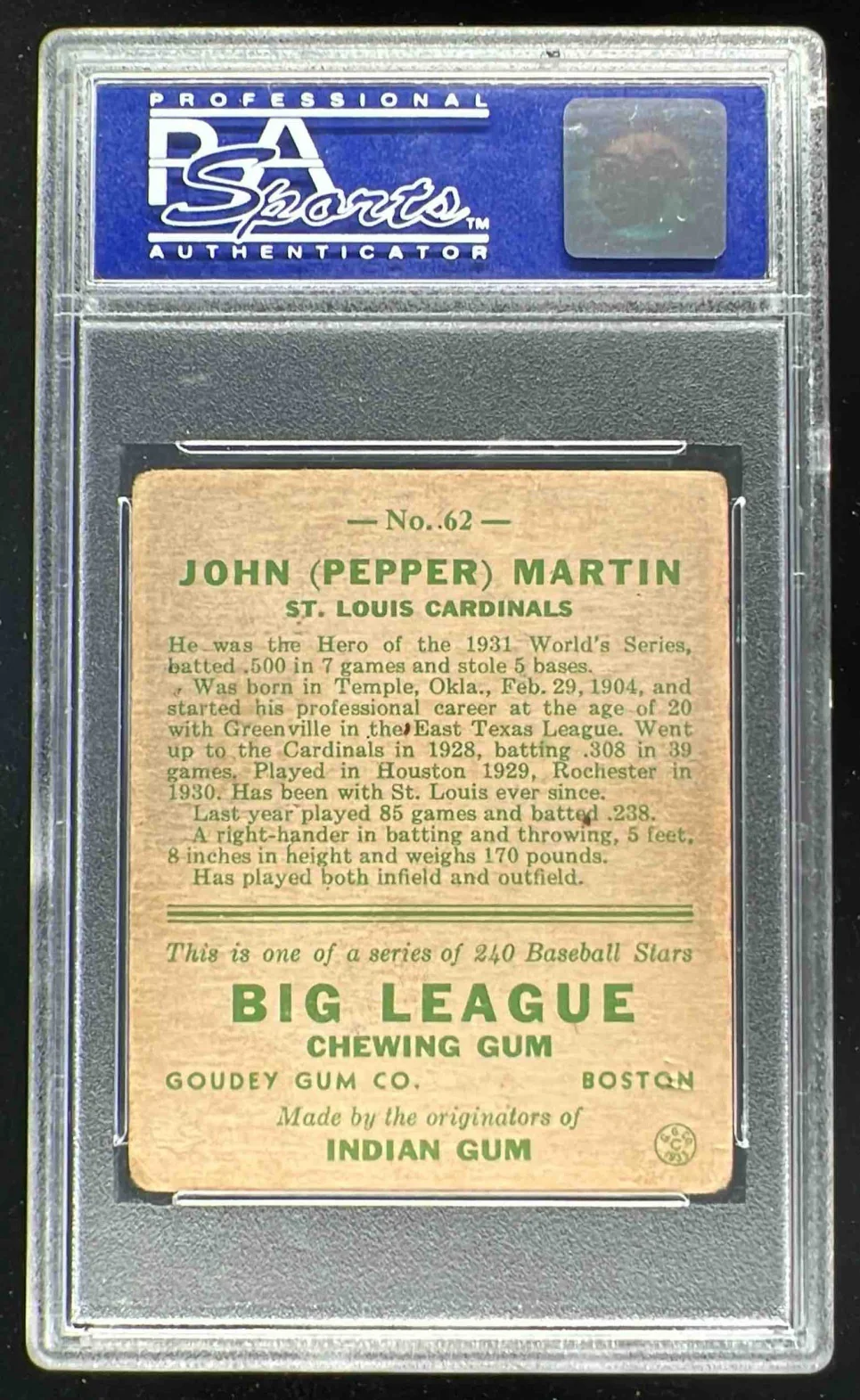 1933 Goudey #62 Pepper Martin RC PSA 3 - Image 2