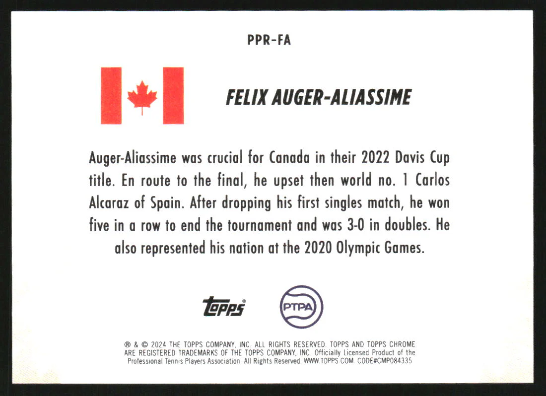 2024 Topps Chrome Tennis Patriotic Pride #PPRFA Felix Auger-Aliassime - Image 2