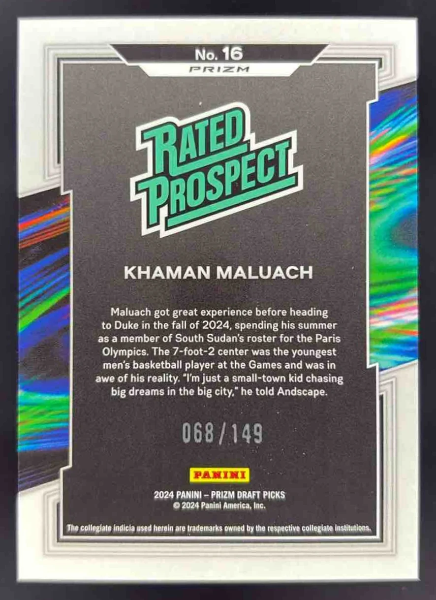 2024 Panini Prizm Draft Collegiate Rated Purple Ice #16 Khaman Maluach /149 - Image 2