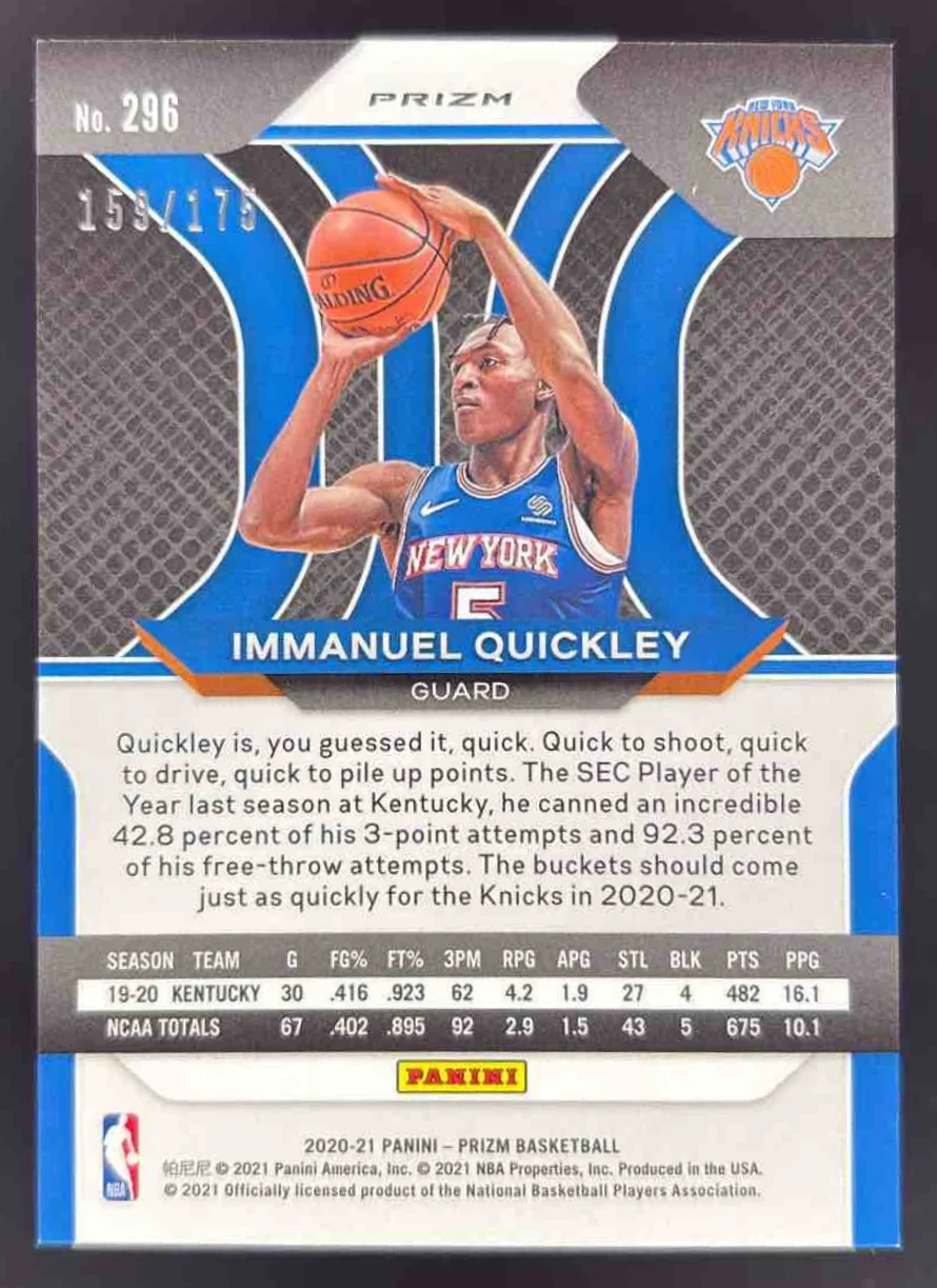 2020-21 Panini Prizm Purple Ice Prizms #296 Immanuel Quickley RC /175 - Image 2