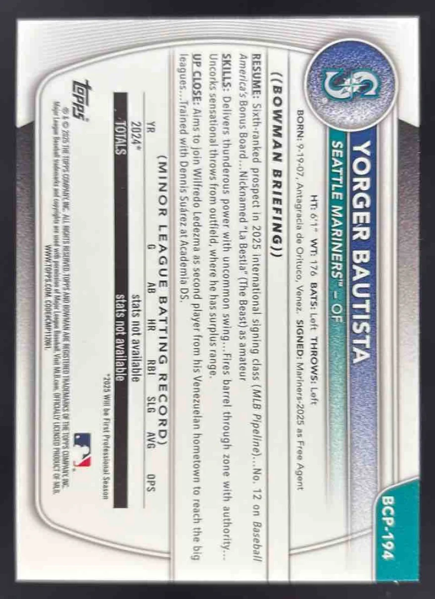2025 Bowman Chrome Mini Diamonds Refractor #BCP-194 Yorger Bautista RC - Image 2