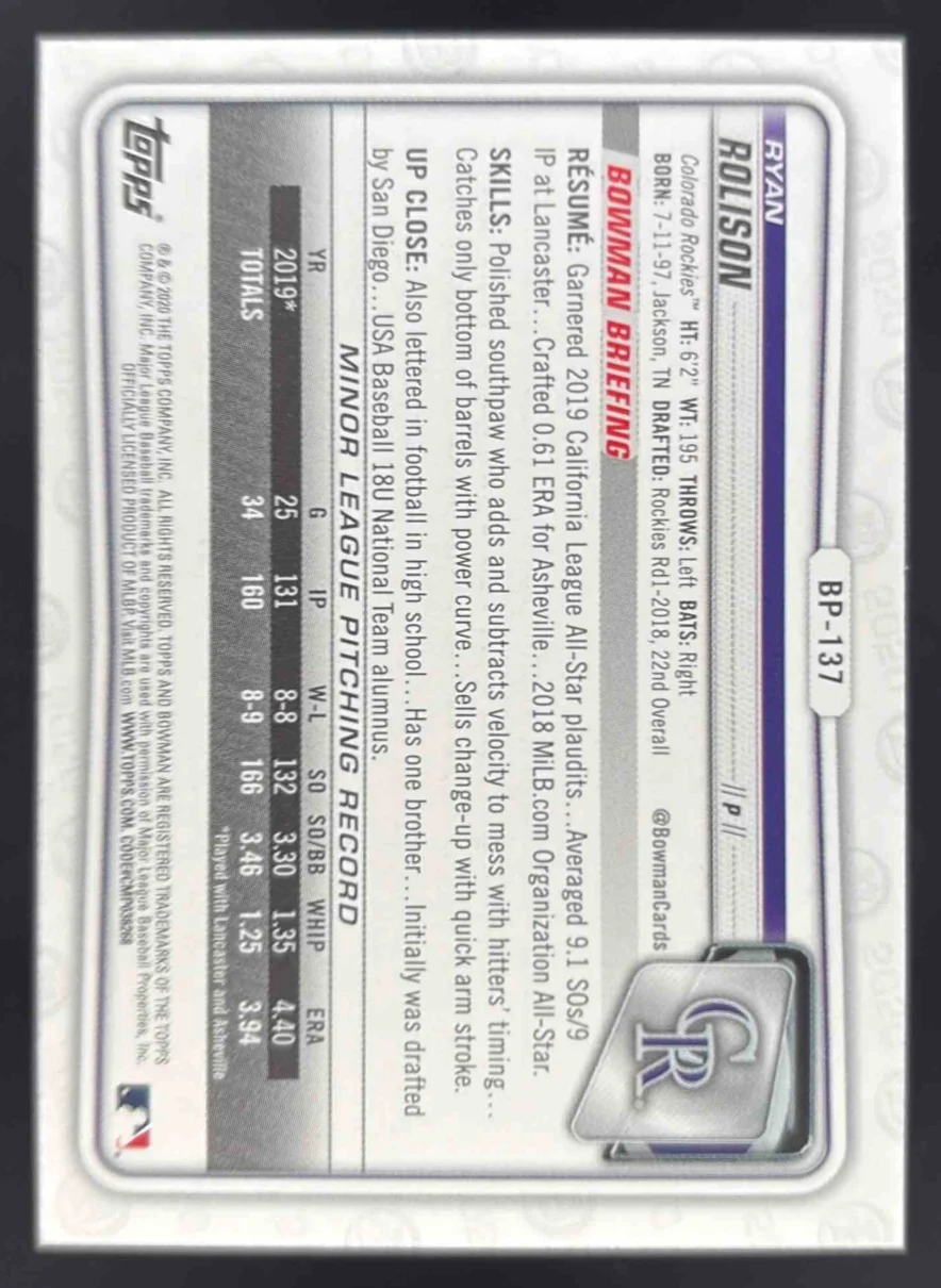 2020 Bowman Prospects Red #BP-137 Ryan Rolison /5 - Image 2