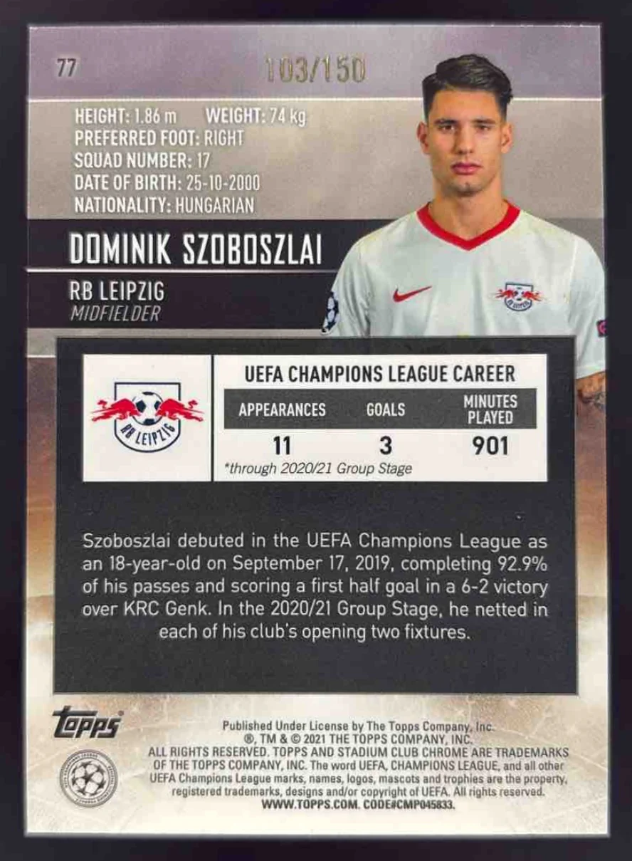 2020 Stadium Club Chrome UEFA Aqua Green Electric #77 Dominik Szoboszlai /150 - Image 2