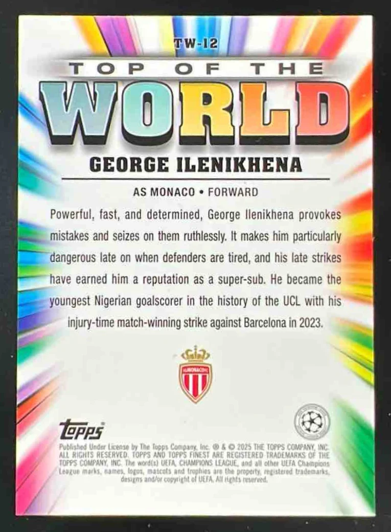 2024-25 Finest UEFA Top of the World Rose Gold #TW-12 George Ilenikhena RC /75 - Image 2