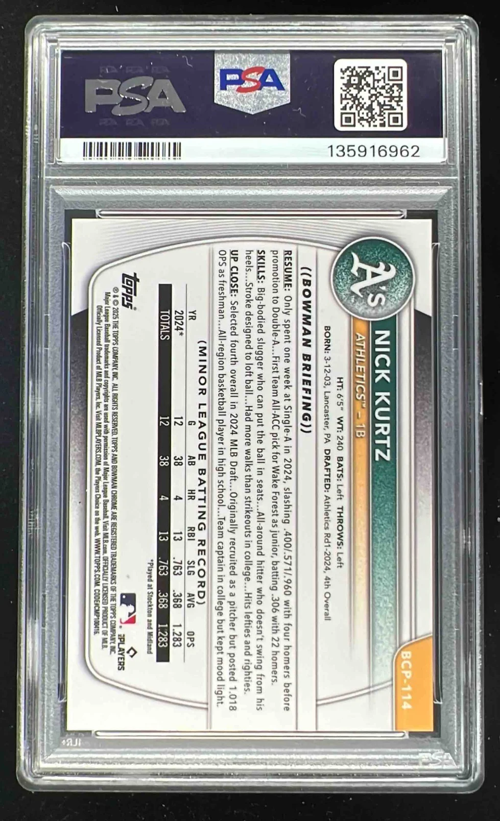 2025 Bowman Chrome Prospects Orange Refractor #BCP-114 Nick Kurtz /25 PSA 8 - Image 2