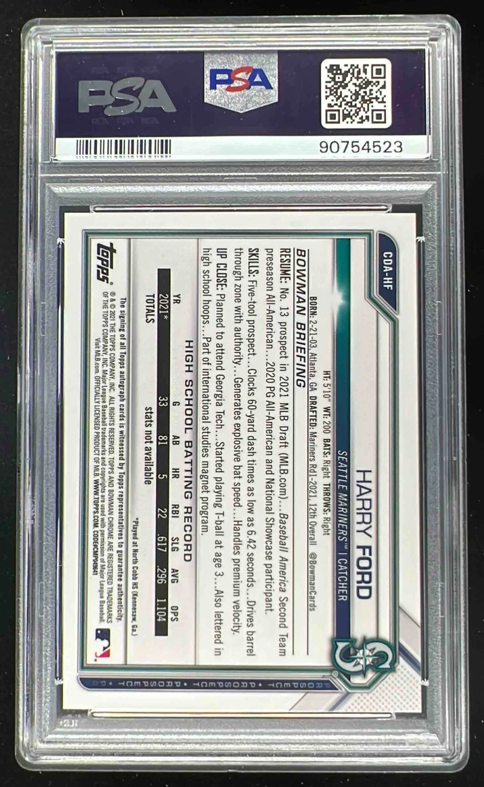 2021 Bowman Draft Chrome Pick #CDA-HF Harry Ford Autograph RC RC Auto PSA 10 - Image 2
