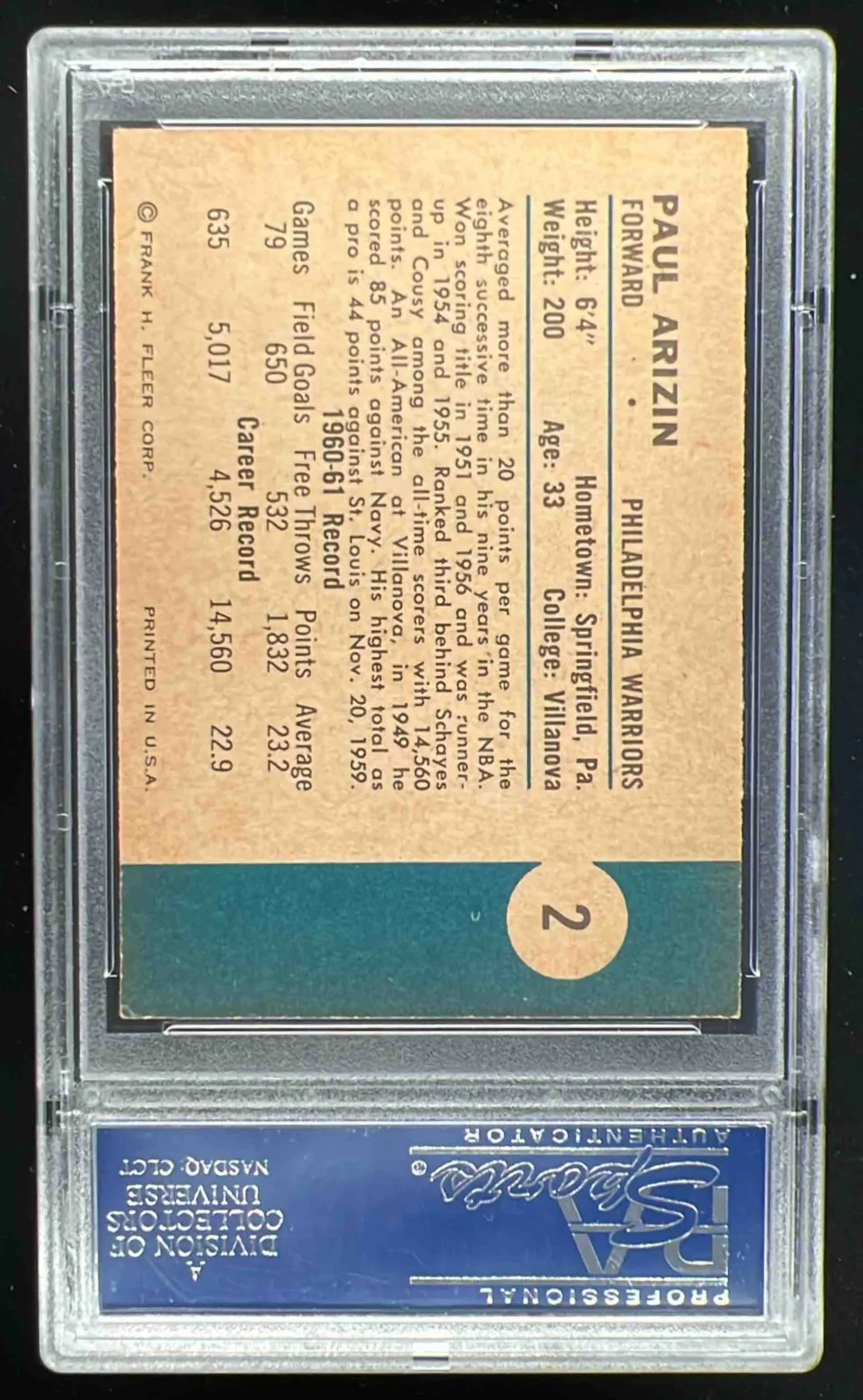 1961-62 Fleer #2 Paul Arizin PSA 5 (MC) - Image 2