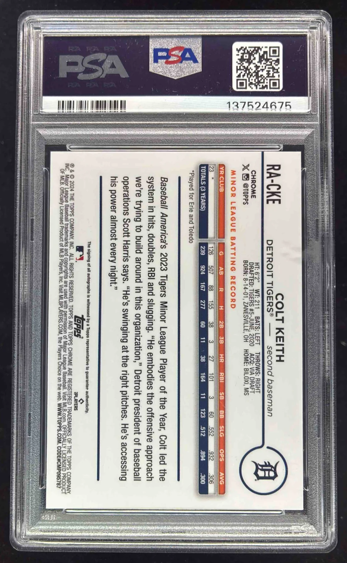 2024 Topps Chrome Update Rookie Lava Lamp Black Red Colt Keith RC Auto /8 PSA 10 - Image 2