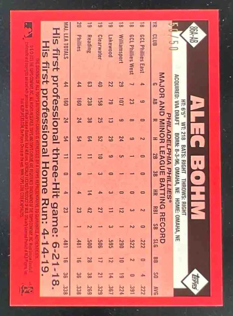 2021 Topps Chrome 1986 Topps Baseball Autographs #86A-AB Alec Bohm RC Auto /50 - Image 2