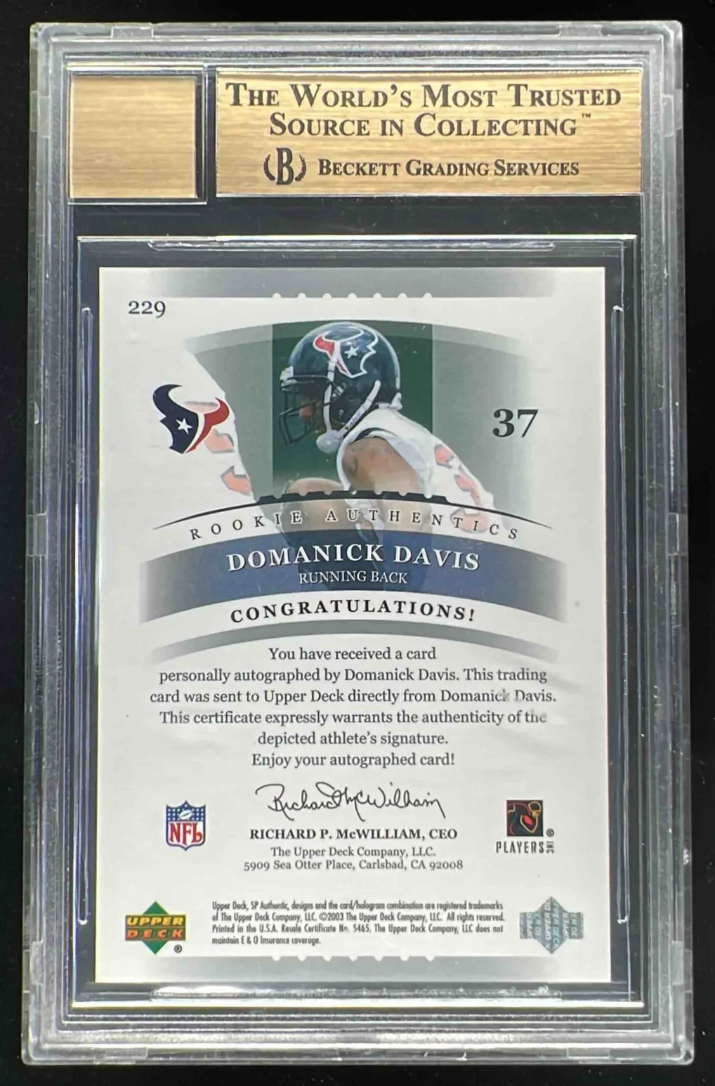 2003 SP Authentic #229 Domanick Davis RC Auto /1200 BGS 9.5 - Image 2