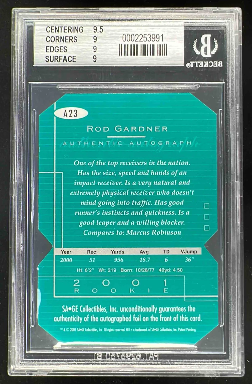 2001 SAGE HIT Autographs Die Cuts #A23 Rod Gardner RC Auto /250 BGS 9 - Image 2