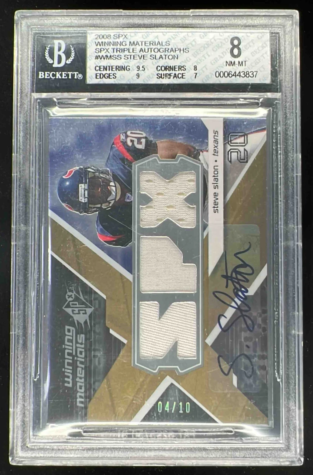 2008 SPx Winning Materials SPx Triple #WM-SS Steve Slaton RC Auto /10 BGS 8