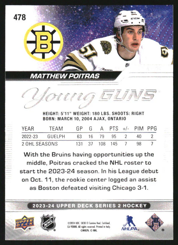 2023-24 Upper Deck #478 Matthew Poitras Young Guns RC Rookie - Image 2