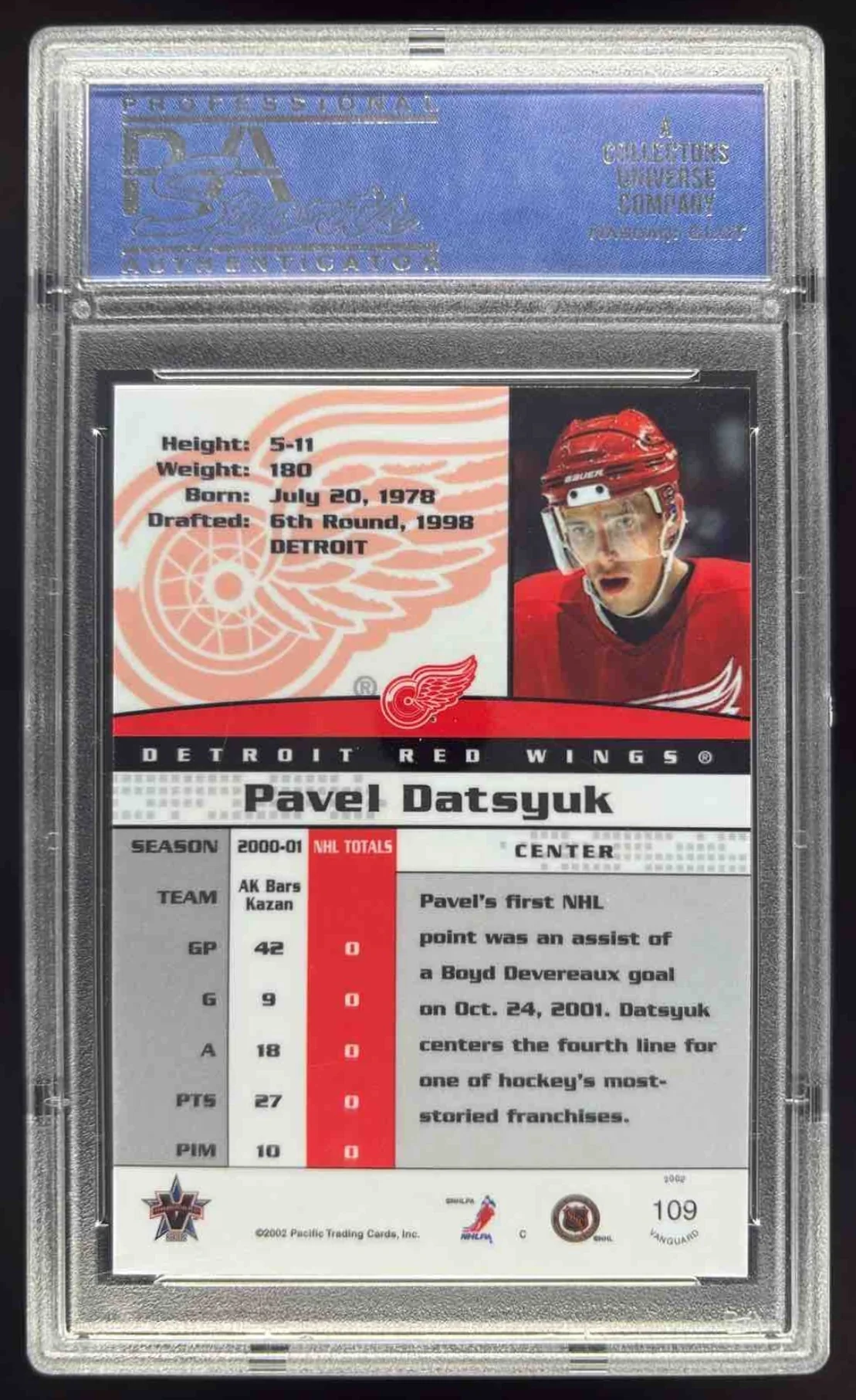 2001-02 Pacific Vanguard Premiere Date #109 Pavel Datsyuk RC /83 PSA 9 - Image 2