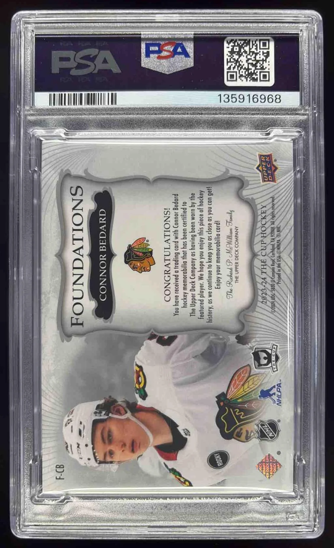 2023-24 Upper Deck The Cup Foundations Quad Jersey #F-CB Connor Bedard /99 PSA 8 - Image 2