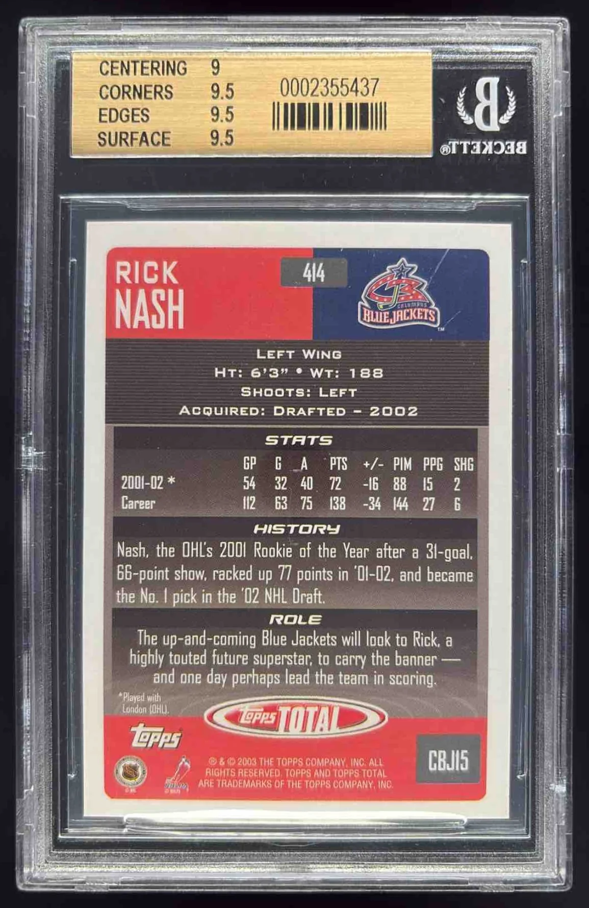 2002-03 Topps Total #414 Rick Nash RC BGS 9.5 - Image 2