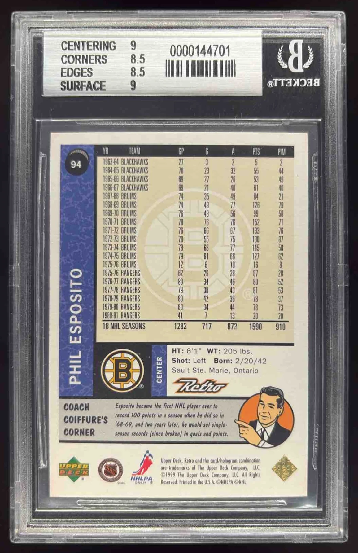 1999-00 Upper Deck Retro Gold #94 Phil Esposito /150 BGS 8.5 - Image 2