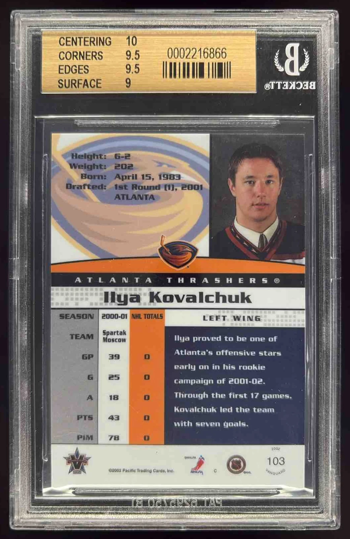 2001-02 Pacific Vanguard Premiere Date #103 Ilya Kovalchuk RC /83 BGS 9.5 - Image 2