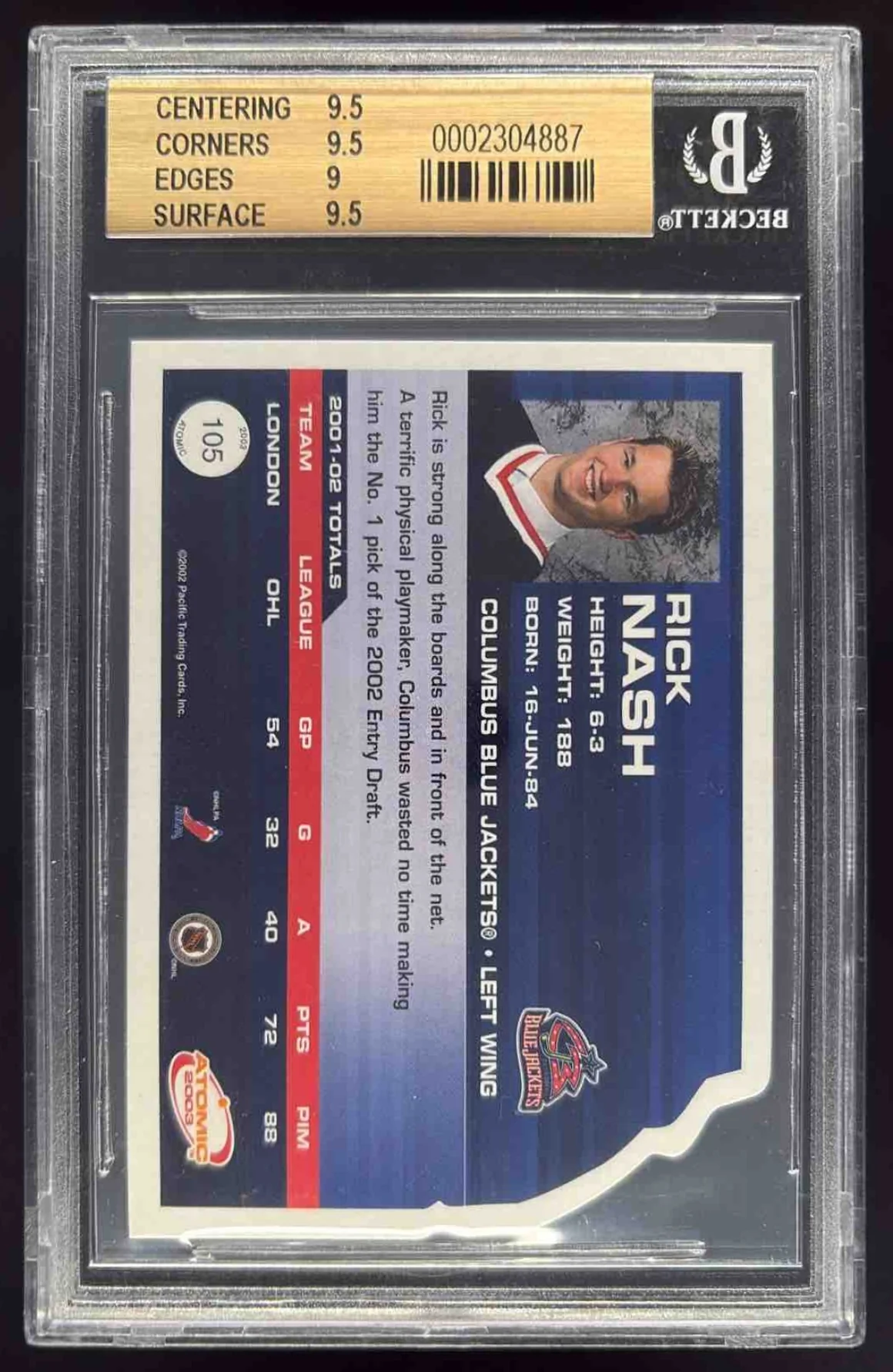 2002-03 Pacific Atomic Gold #105 Rick Nash RC /99 BGS 9.5 - Image 2