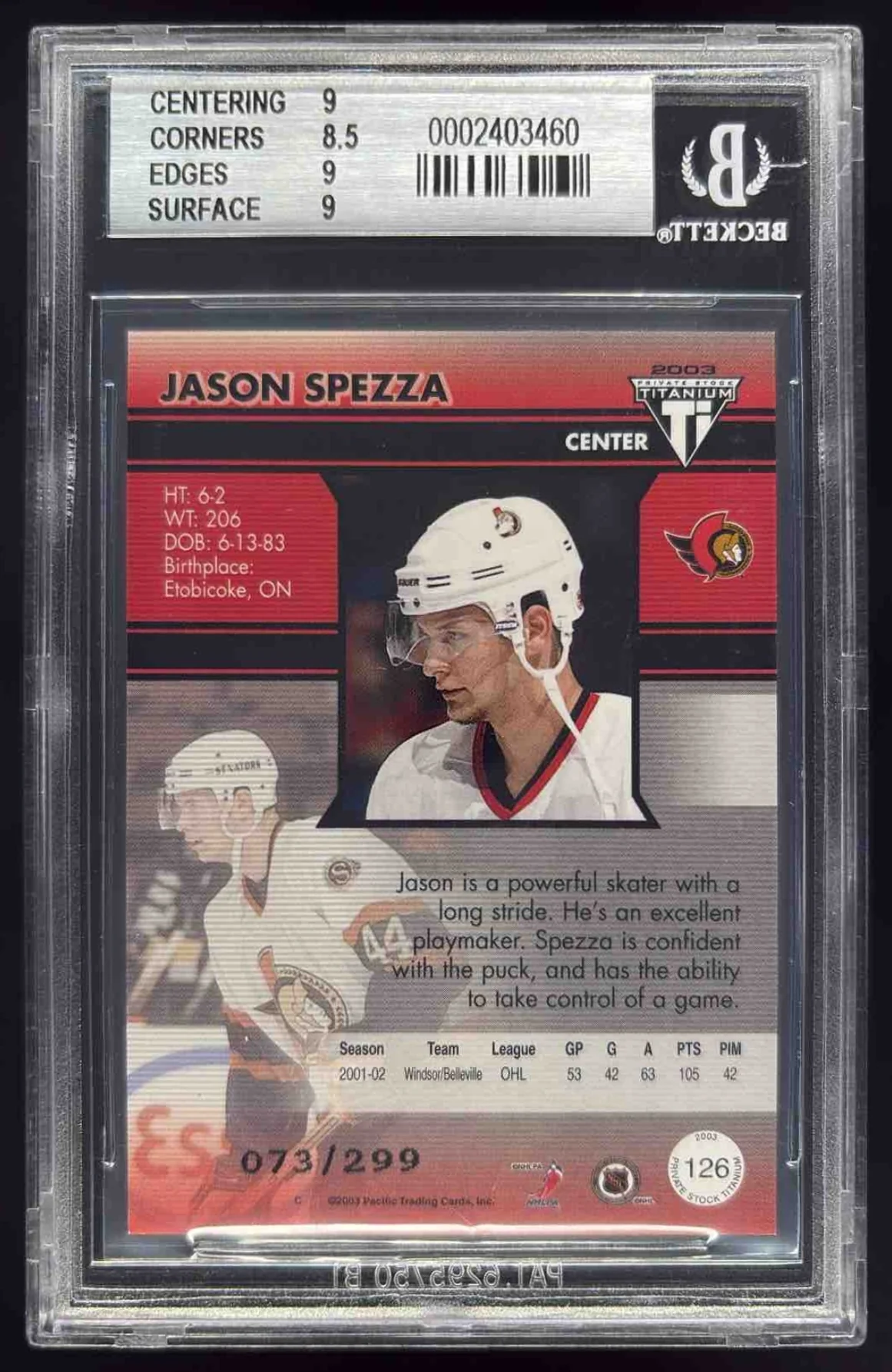 2002 Pacific Private Stock Titanium Red #126 Jason Spezza Rookie RC /299 BGS 9 - Image 2