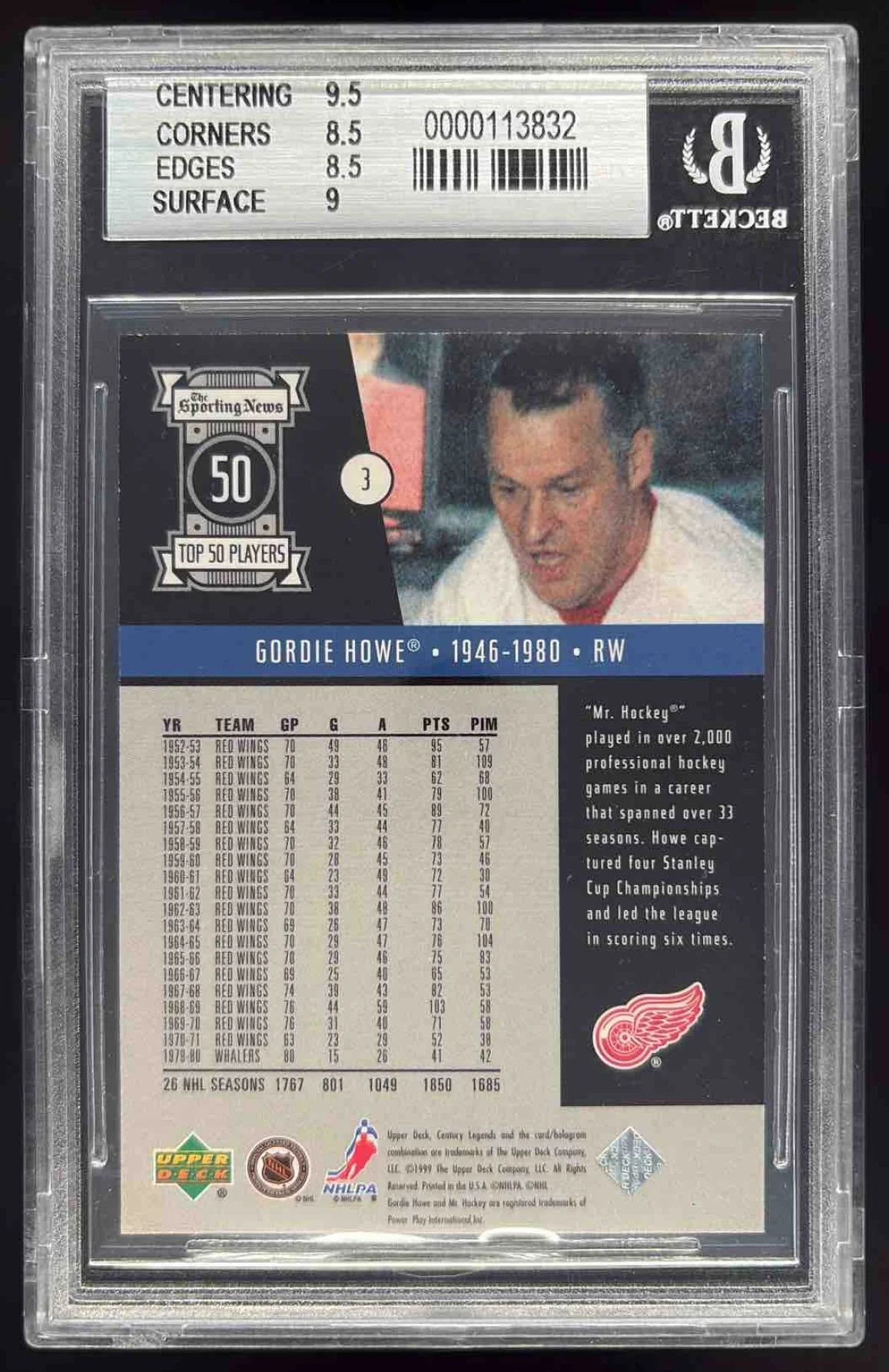 1999 Upper Deck Century Legends Century Collection #3 Gordie Howe /100 BGS 8.5 - Image 2