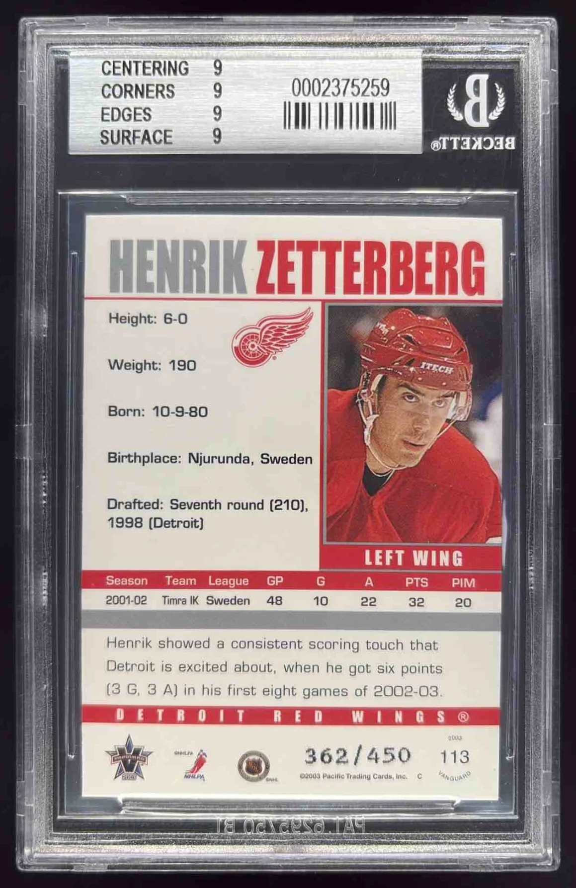 2002-03 Pacific Vanguard LTD #113 Henrik Zetterberg Rookie RC /450 BGS 9 - Image 2