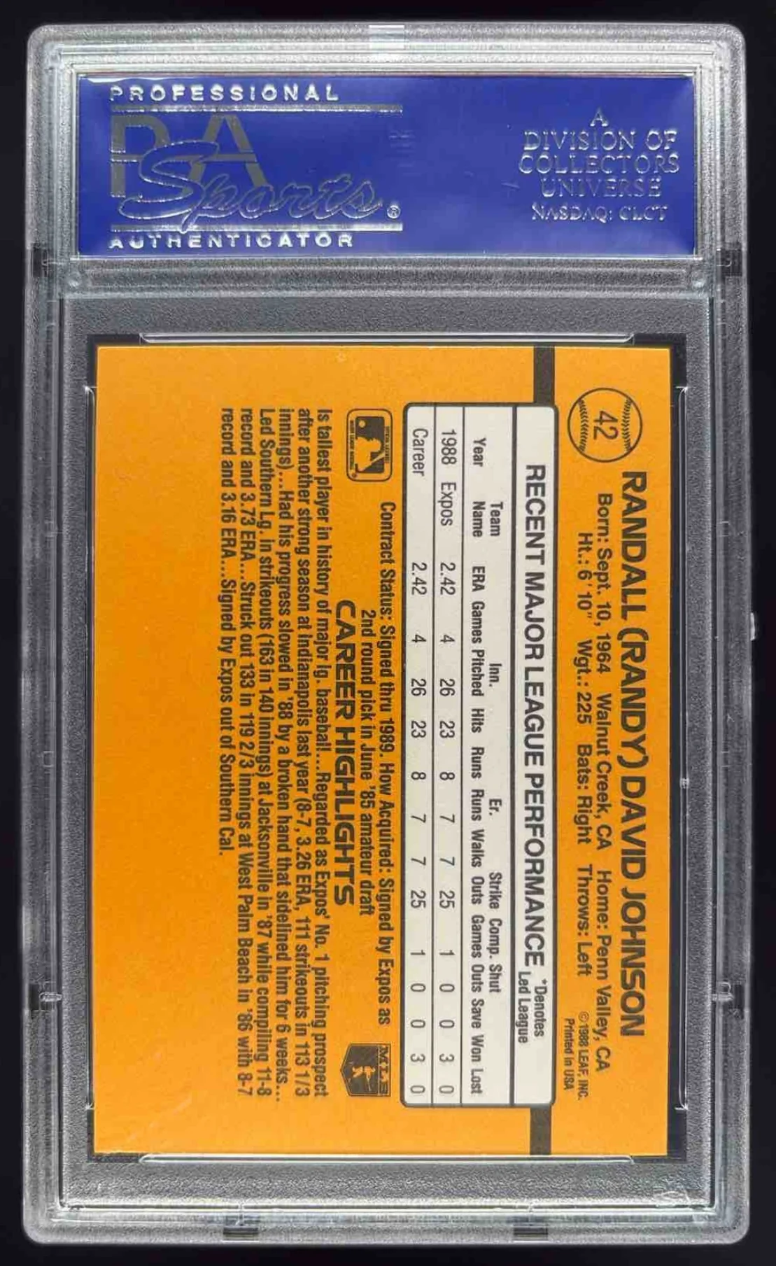 1989 Donruss #42 Randy Johnson UER RC Rated Rookie PSA 10 - Image 2